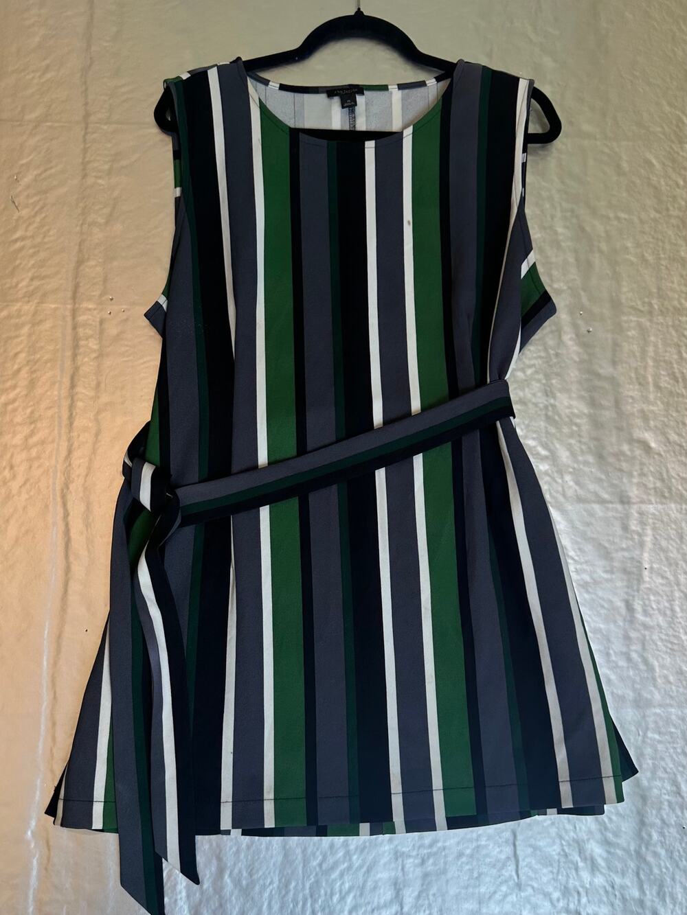 Ann Taylor Factory XL Green Gray Striped Belted Sleeveless Blouse